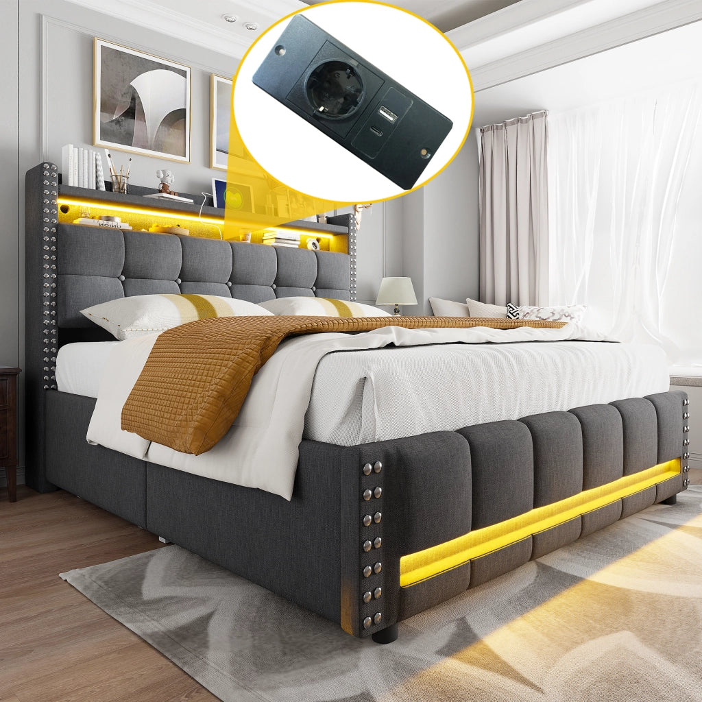 OKWISH Letto con Cassetti Letto Matrimoniale 160×200 cm con LED Regolabile, USB, Tipo C e Mensole, senza Materasso, in Tessuto Grigio
