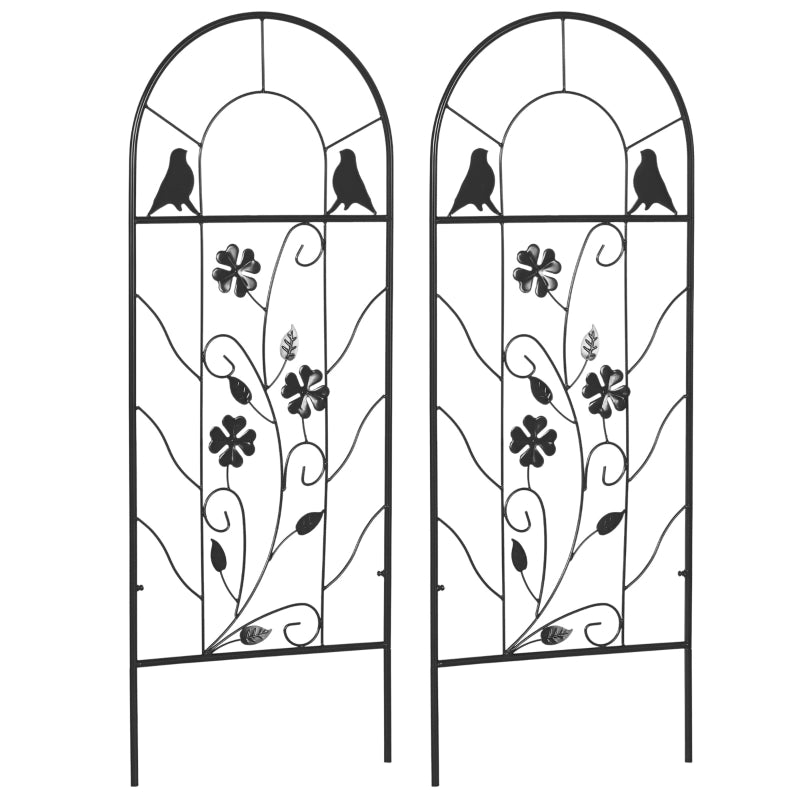 Set di 2 grigliati da giardino in metallo nero 38 x 98 cm, con decorazioni a trifoglio e uccelli