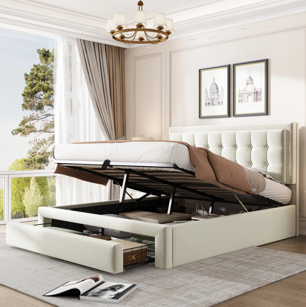 Letto imbottito contenitore in velluto beige con testiera regolabile e 2 cassetti