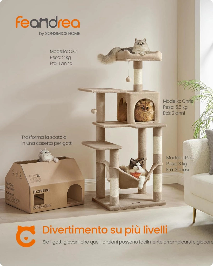 Feandrea Albero per Gatti Alto 143 cm, Tiragraffi per Gatti, con 4 Pali Graffiatoi, 2 Posatoi, 1 Grotta, 1 Amaca, 2 Pompon, in Peluche a Più Livelli, Marrone Cammello PCT161K01