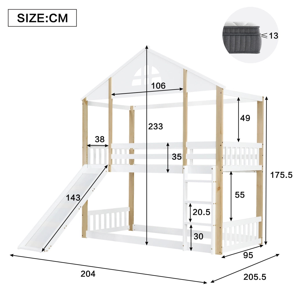 Letto a castello con finestra; scivolo e scala angolare 90x200 cm; bianco e naturale