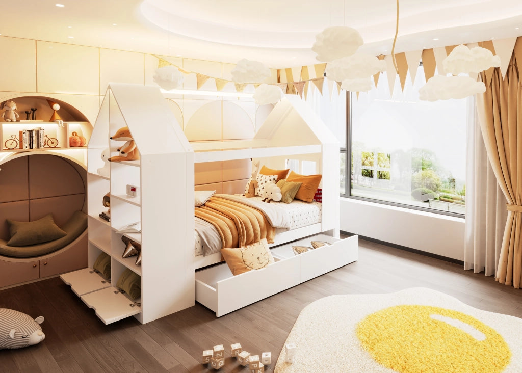 Letto per bambini 90 × 200 cm a casetta con 2 cassetti, LED, ripiani, senza materasso, in legno, bianco