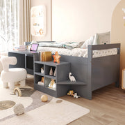 Letto multifunzionale 90x200 cm con scrivania; vani contenitore e prese USB; grigio