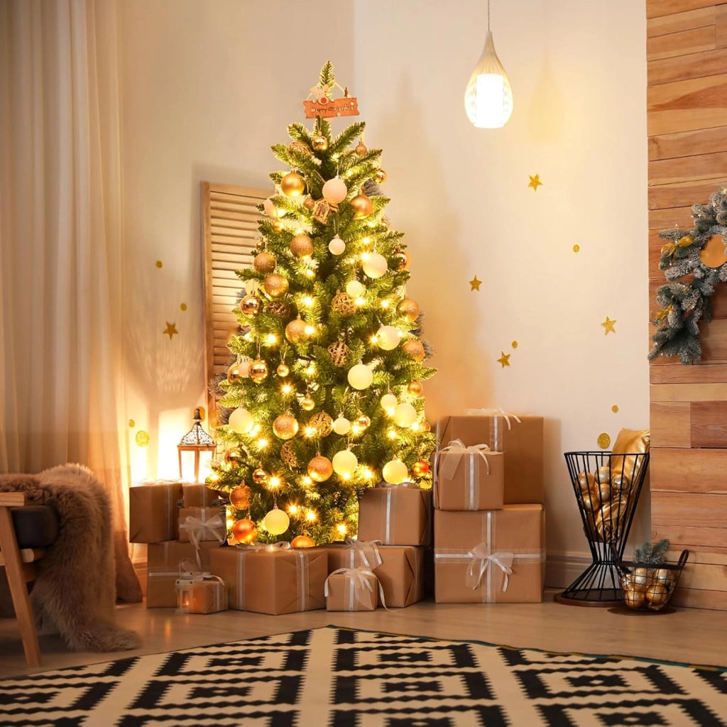 Albero di Natale Slim 150 cm, Albero di Natale con 150 Luci LED, 300 Rami Folti e Base di Metallo, Decorazione Natalizia per Casa e Ufficio (150cm)