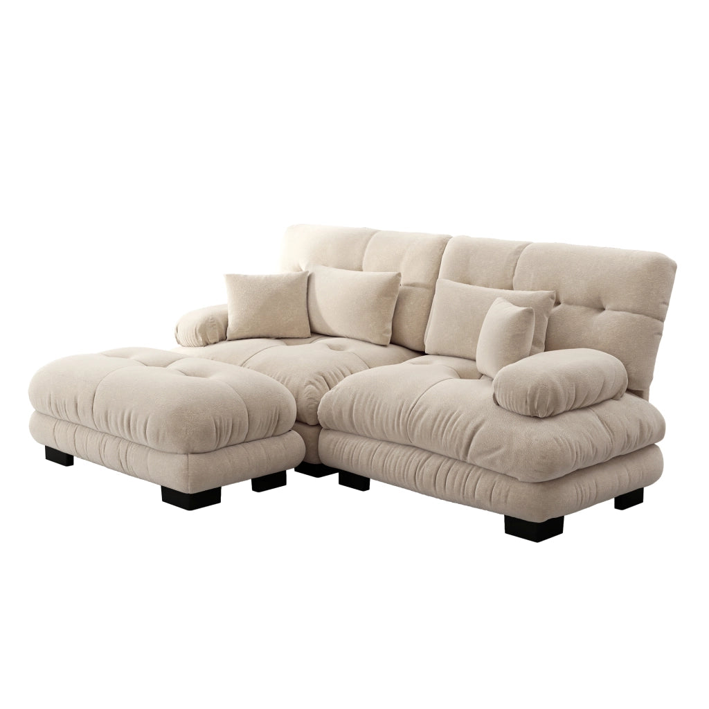 Divano Angolare con Ottoman ¨C MINIMAL ¨C Chenille, Braccioli Larghi, Tortora Chiaro