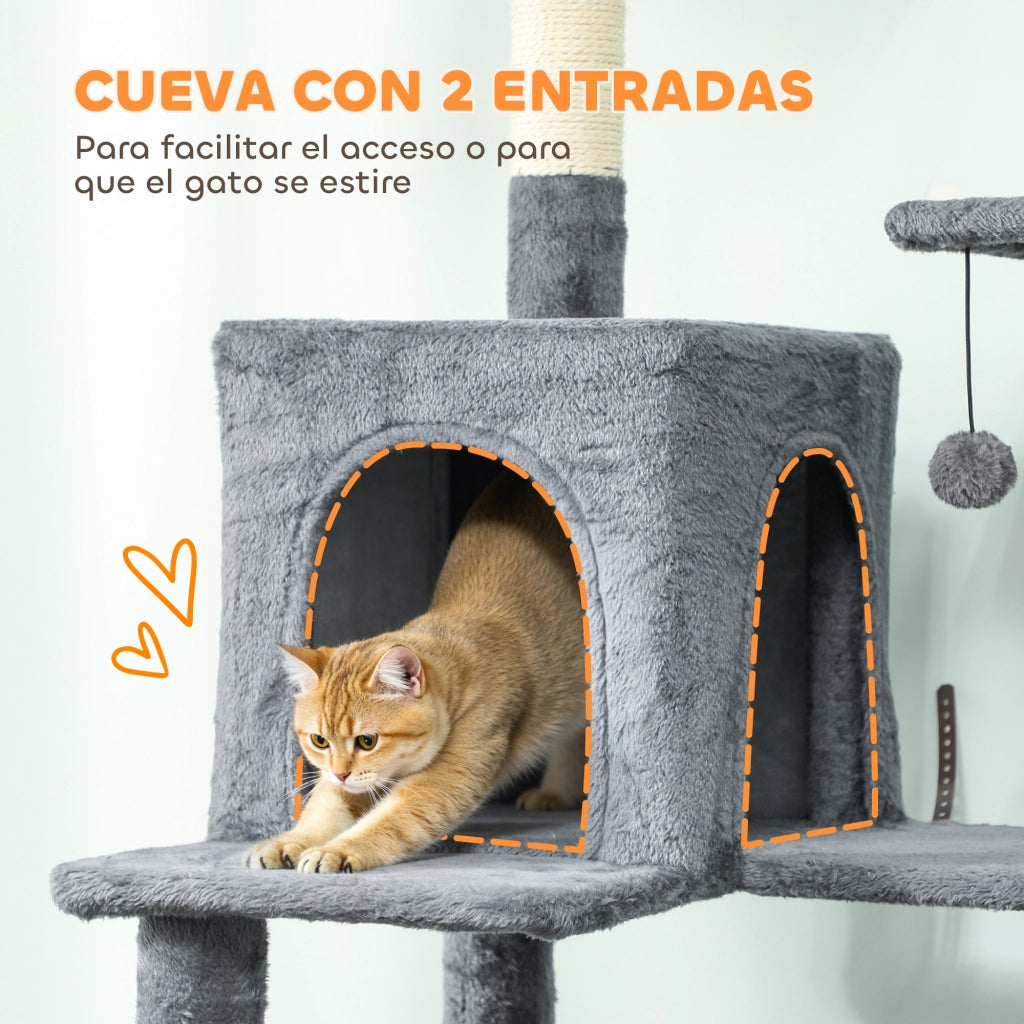 Tiragraffi per Gatti con Piattaforma, Torre e Cuscino ¨C Zephmum ¨C 60x48x202 cm Grigio