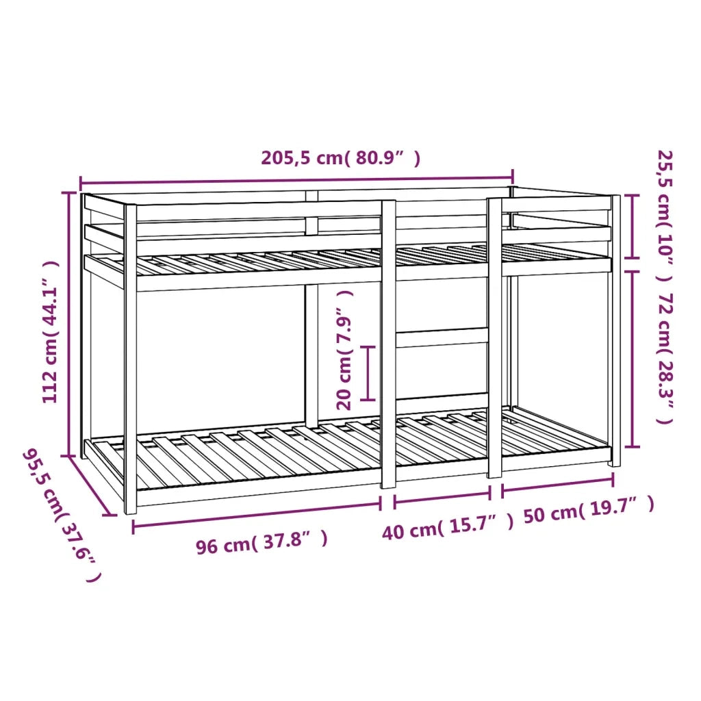 Letto singolo | Letto per adulti | Letto a Castello Bianco 90x200 cm in Legno Massello di Pino