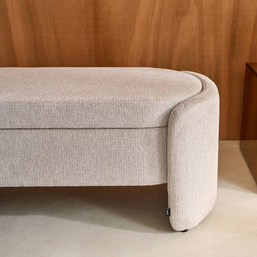 Panca contenitore, fondo letto contemporaneo in tessuto, grigio chiaro