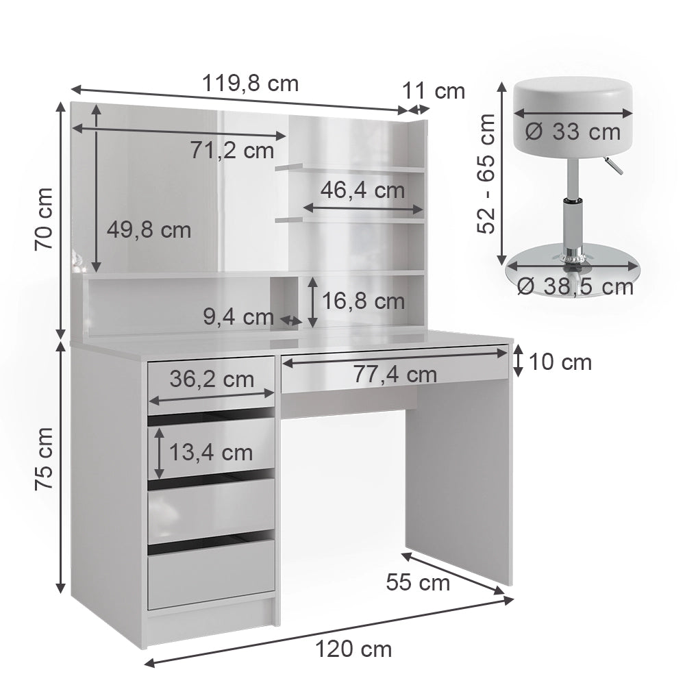 Vicco Tavolo da toeletta Bianco 120 cm con sgabello