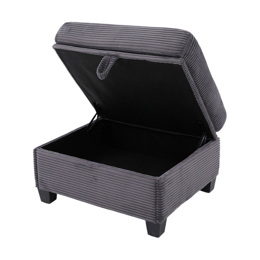 Divano dritto con contenitore, Tasche laterali, Porta USB-C e pouf mobile in velluto a coste, Grigio scuro