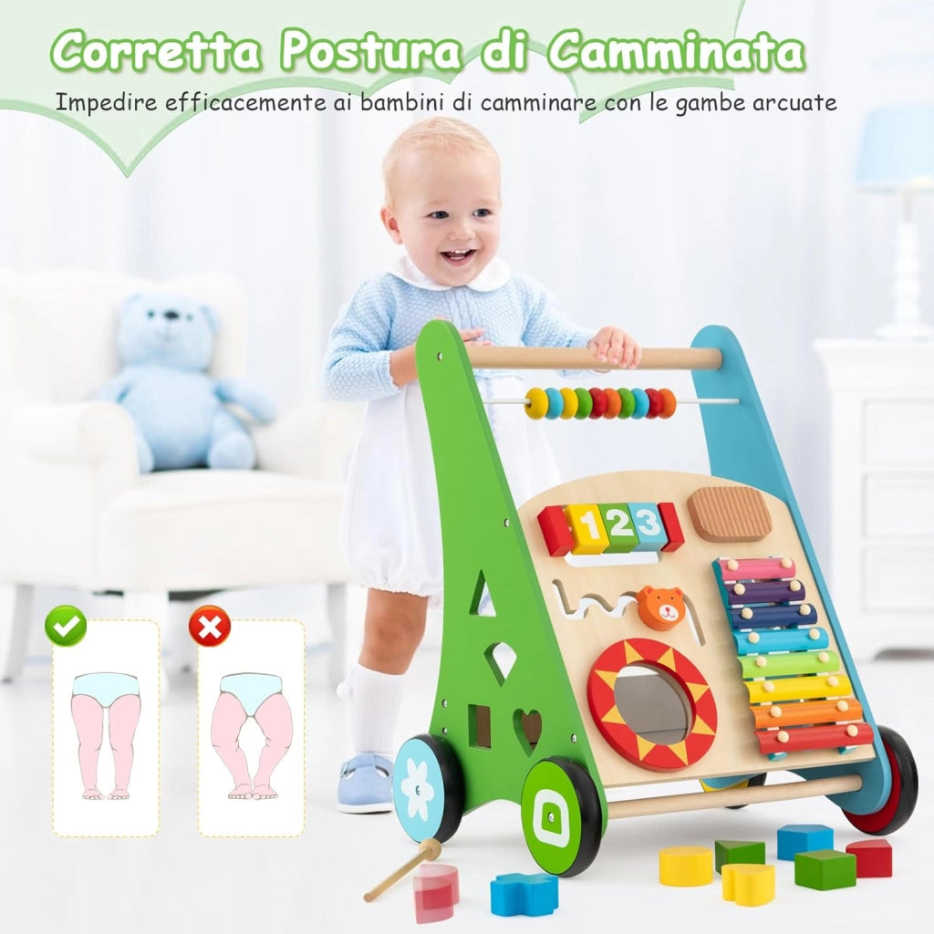 Girello in Legno per Bambini con Maniglie, Camminatore Multifunzionale per Neonati, Girello Primi Passi con Centro Attività, Giocattolo Montessori con Ruote, per Bambini 1+Anni (Colorato)