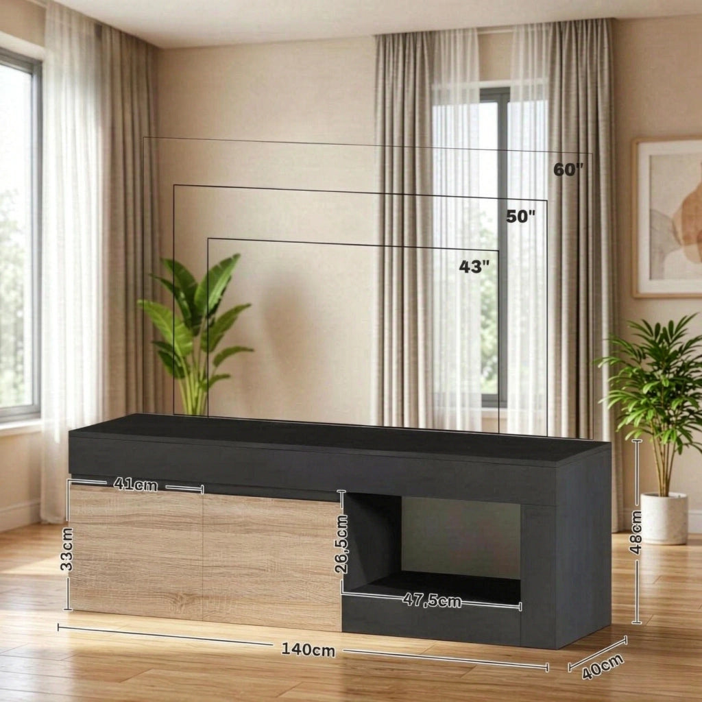 Mobile porta TV nero e color legno naturale con due ante 140 cm