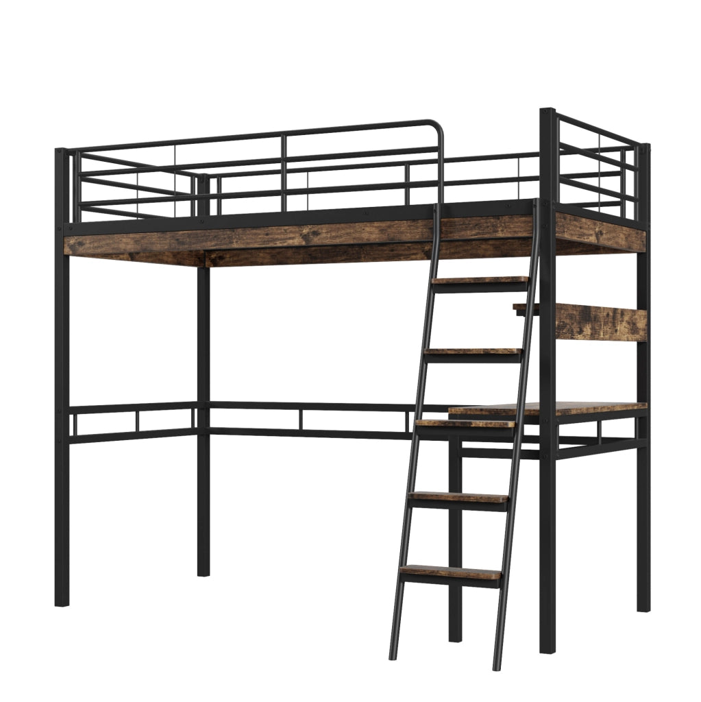 Letto a soppalco 90x200 cm nero metallo e MDF con scrivania e ripiani