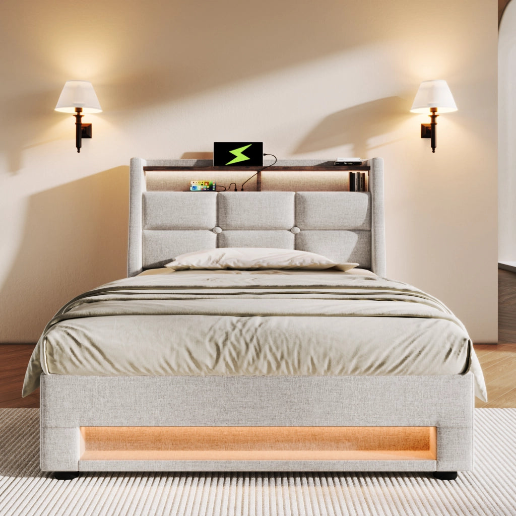 Letti contenitori 90x200 cm con LED e USB; lino beige (Senza materasso)
