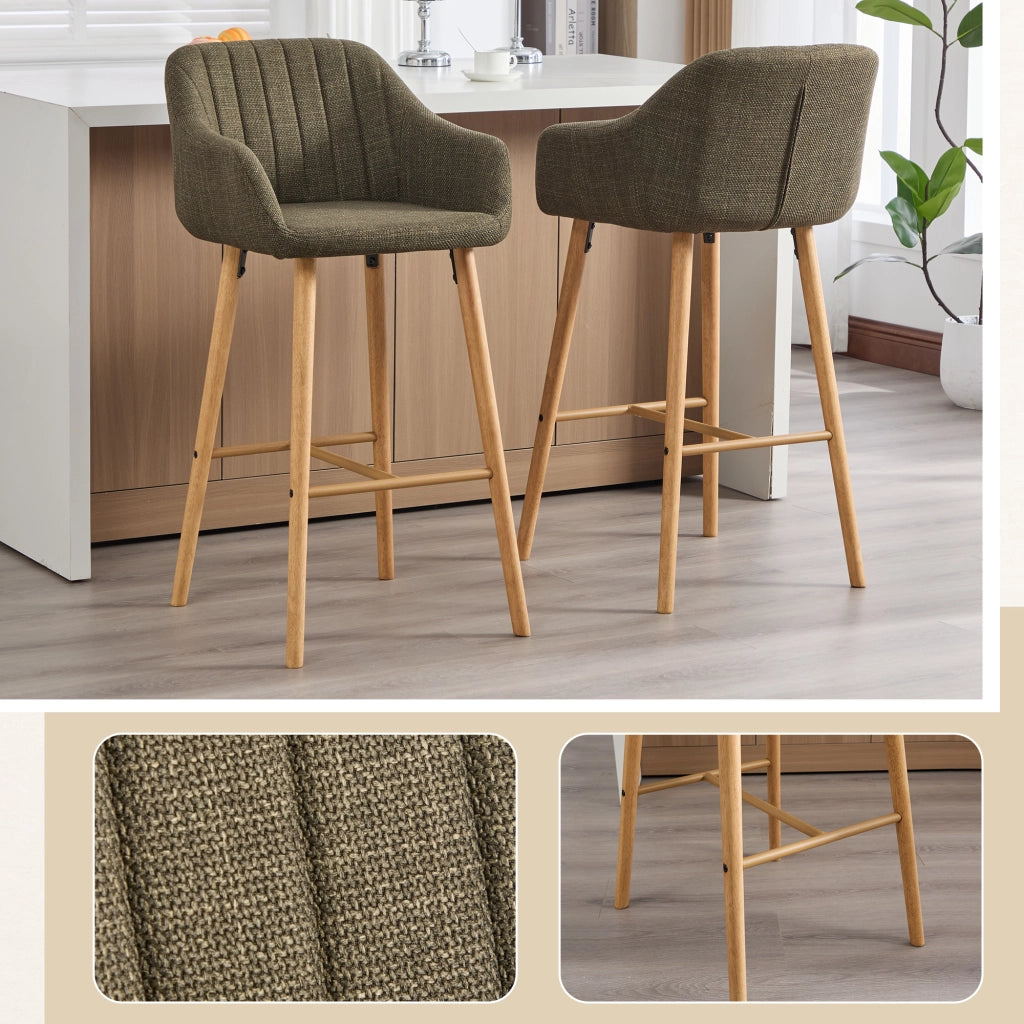 Sgabello da bar set da 2 con schienale alto e braccioli in lino verde e gambe in legno per cucina con poggiapiedi