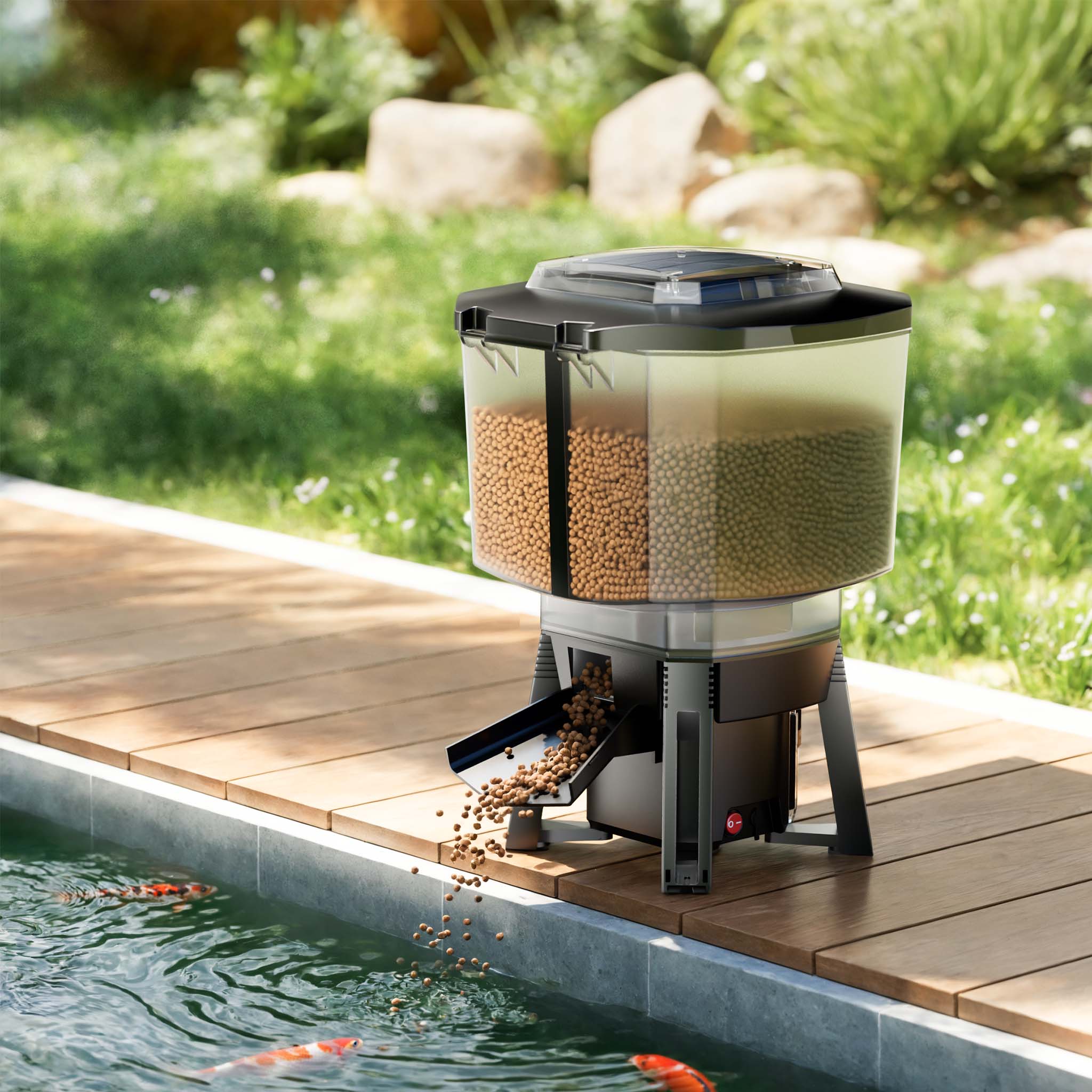 CFF-212 Mangiatoia per pesci ad energia solare, distributore automatico di mangime per laghetti, programmabile, con contenitore da 12 litri per 1-6 somministrazioni al giorno