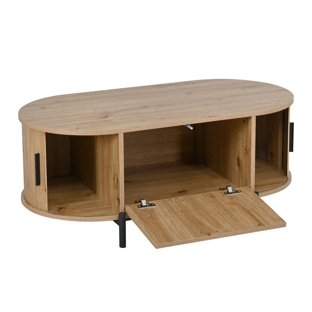 Tavolino da Salotto Ovale con Ripiano e Ante Scorrevoli ¨C Xylo ¨C Effetto Legno, Gambe in Metallo