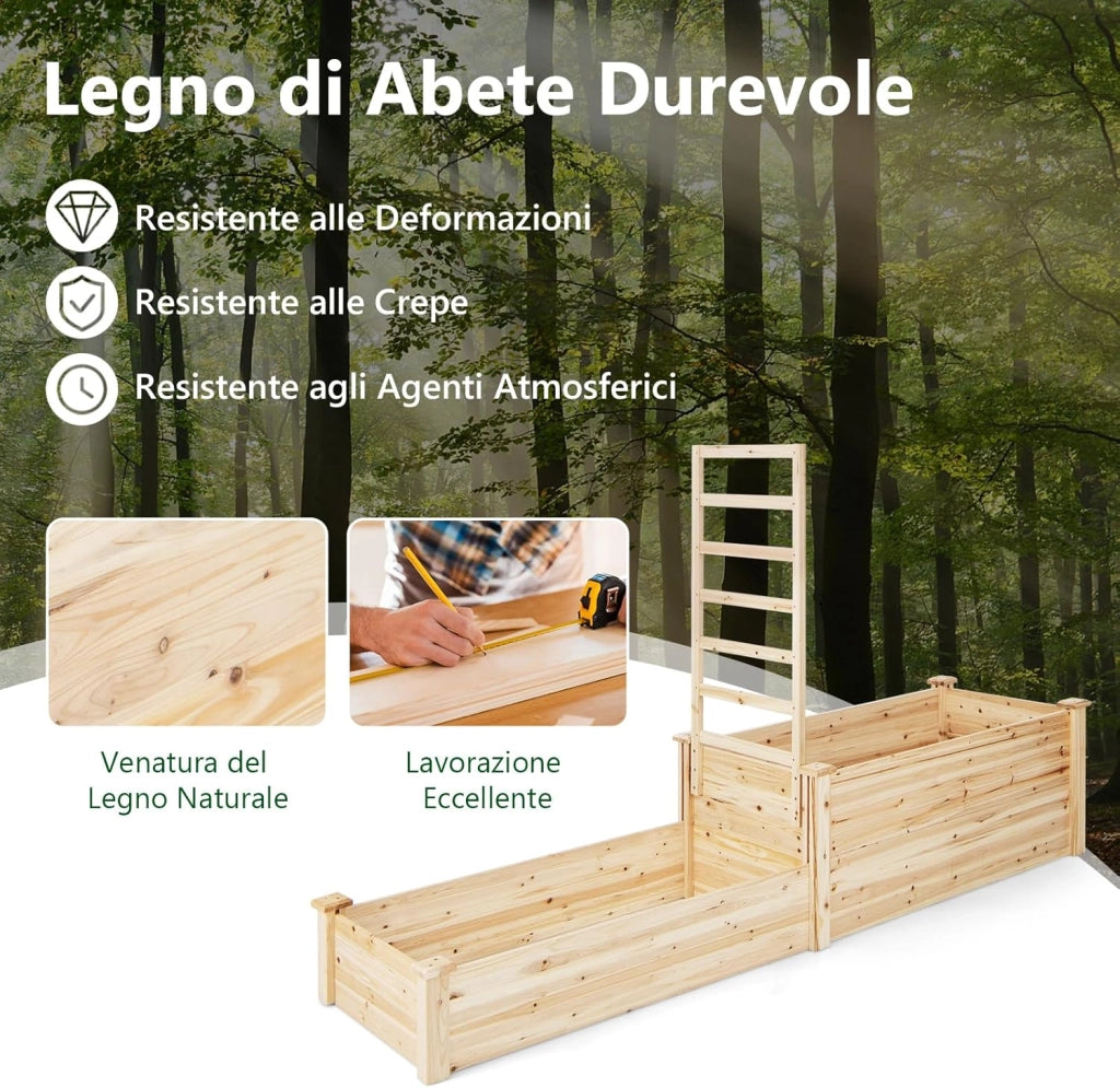 Fioriera Rialzata con Graticcio, Letto da Giardino di Legno a 2 livelli con Fondo Aperto per Verdure, Fiori, Erbe e Frutta, Aiuola Rettangolare per Terrazzo, Giardino e Orto