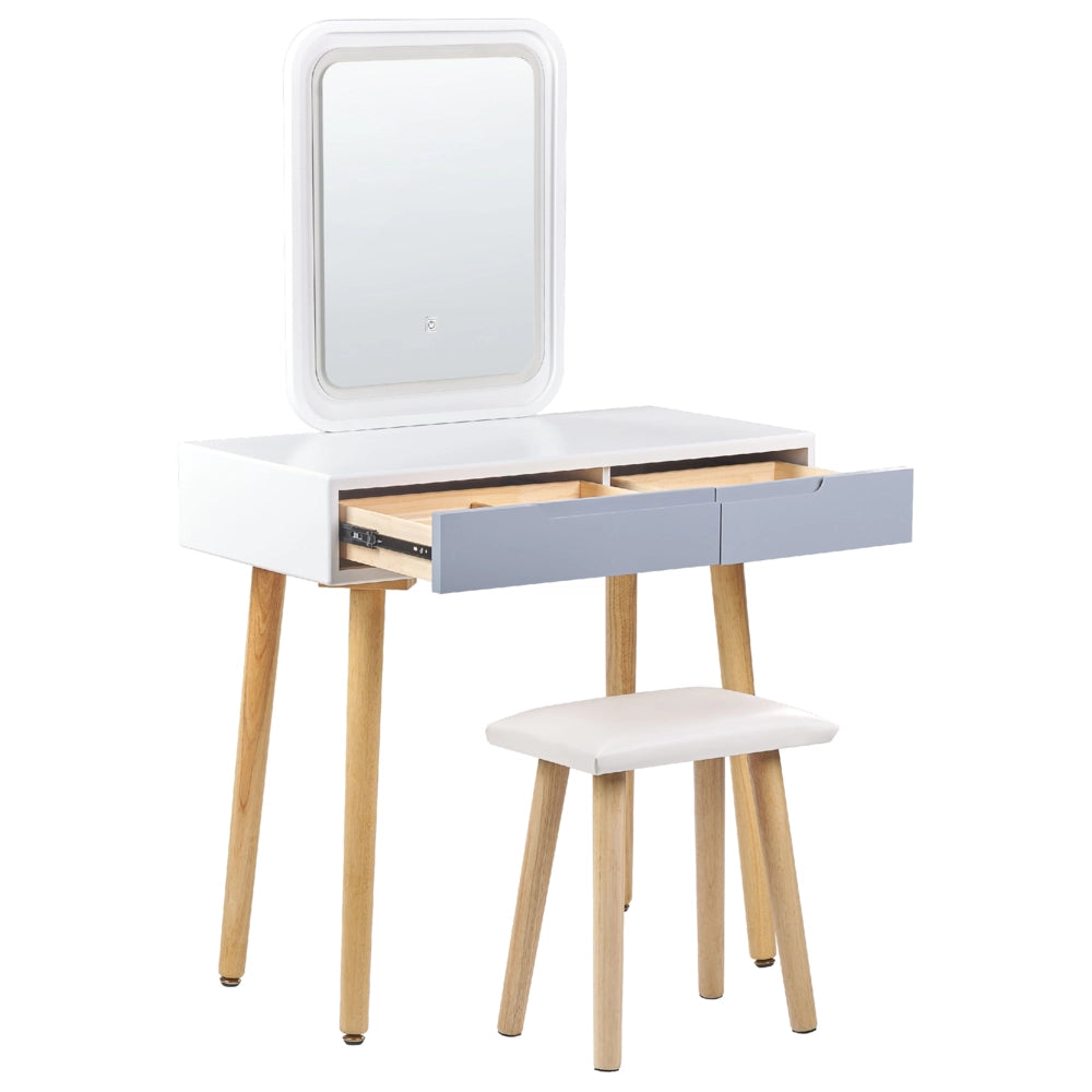 Set di tavolini da toilette Bianco Piano in legno di produzione Gambe in legno Specchio a LED con contenitore e 2 cassetti