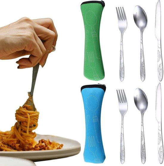 Set da Cucina da Campeggio 6 pezzi - Set da Cucina Portatile con Forchetta e Colino - Set da Cucina per Picnic e Colazione Scuola (2 Set)