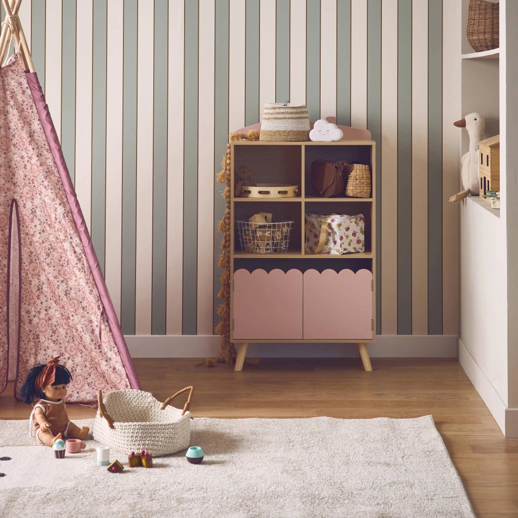 Biblioteca per bambini in legno di pino 2 porte e 4 scaffali, rosa