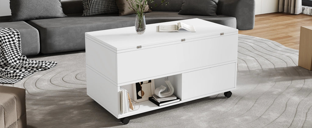 Tavolino basso sollevabile in truciolare con 4 cassetti, 2 vani aperti e rotelle, bianco, 100 × 50 × 52 cm