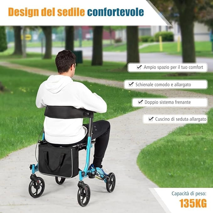 Deambulatore Pieghevole per Anziani Ultraleggero, con Sedile Borsa da Spesa e 4 Ruote Freno a Mano, Rollator Altezza Regolabile, Capacità 136kg, Lega di Alluminio, Nero (Blu)
