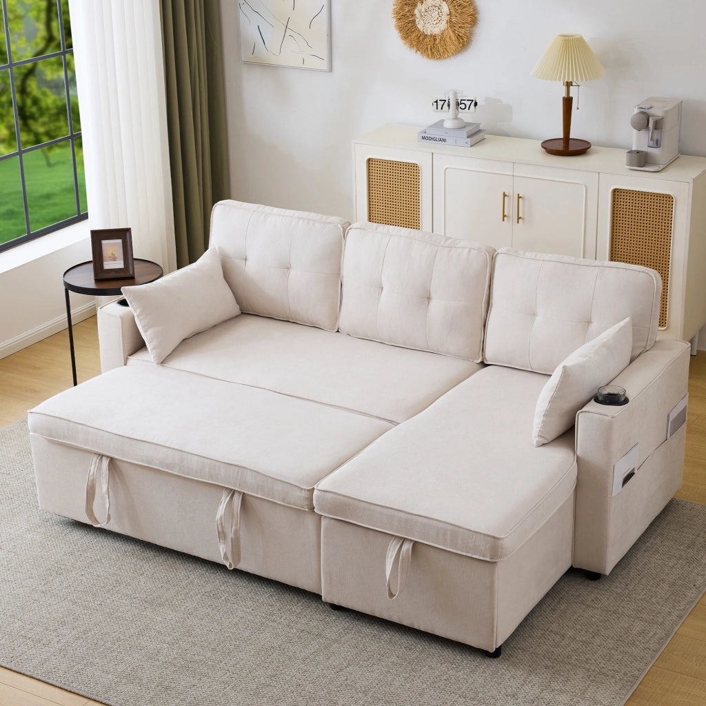 Divano Angolare Letto 3 Posti con Contenitore, Chaise Longue Reversibile, Portabicchieri, in Cotone Lino Beige