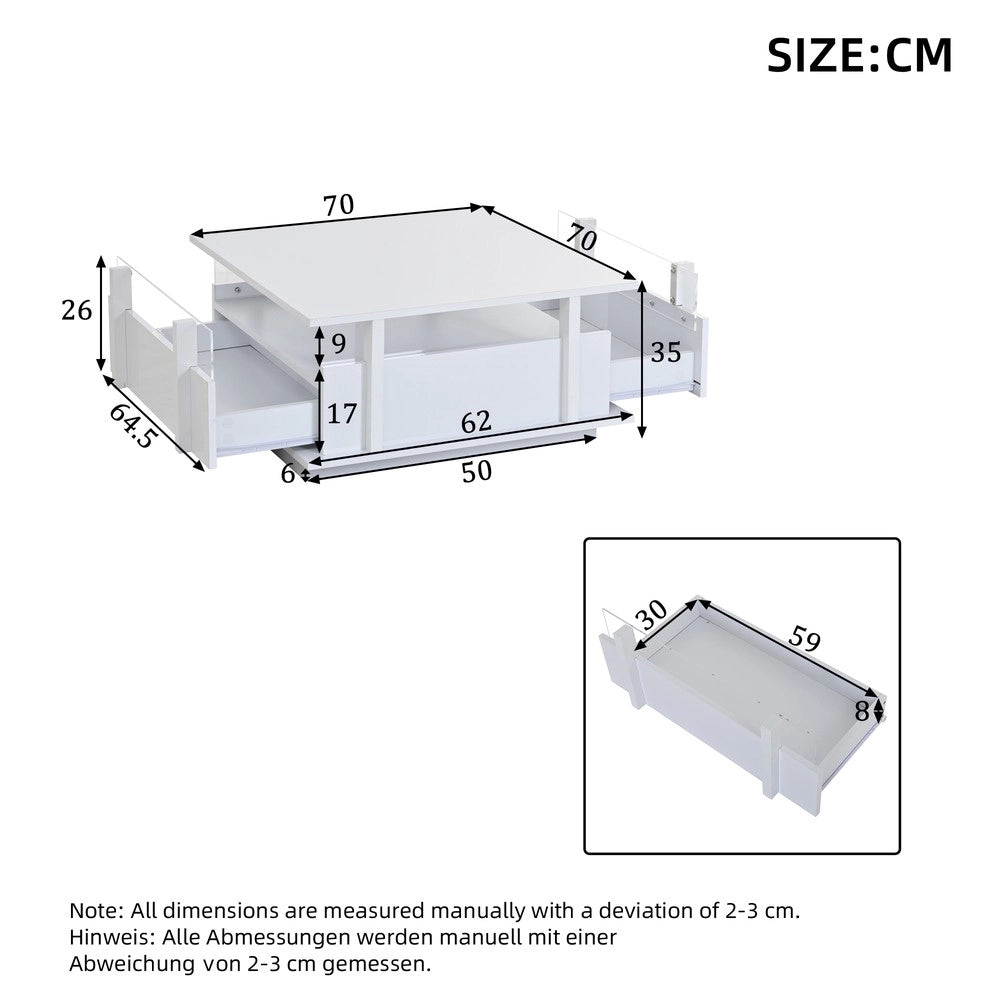 Tavolino da Caff¨¨ con LED, Cassetti e Ripiano in Acrilico ¨C MINIMAL ¨C Bianco Lucido 70x70x35