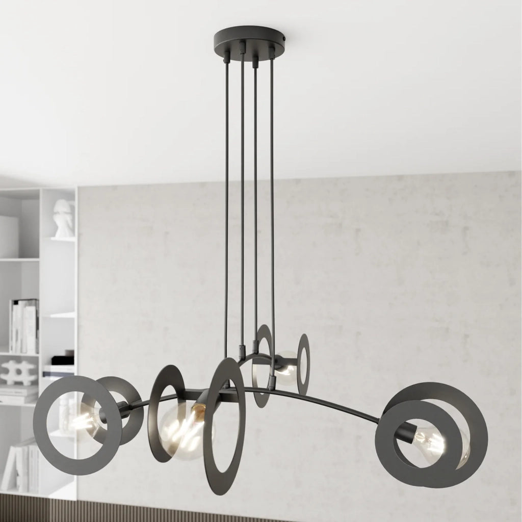 Lampadario 4 Luci Crono In Acciaio Nero A Bracci E Diffusori A Doppio Cerchio
