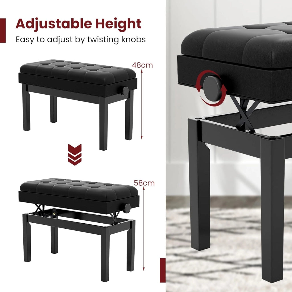 Panca per pianoforte con altezza regolabile 48-58 cm, panca pianoforte imbottita per 2 persone, sgabello con spazio di archiviazione e gambe antiscivolo, nero