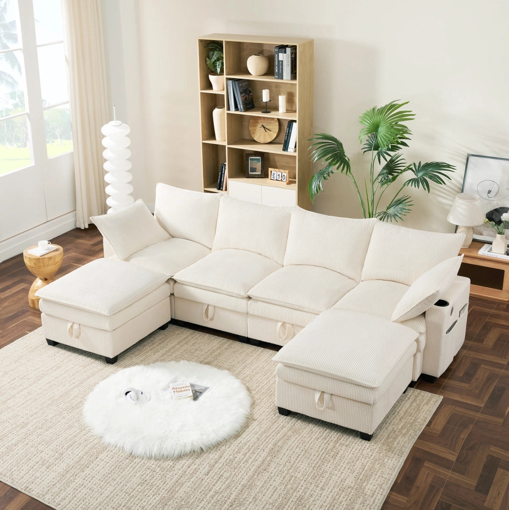 Divano modulare componibile L/U con USB; contenitore e portabicchieri; corduroy beige 280x151x82 cm