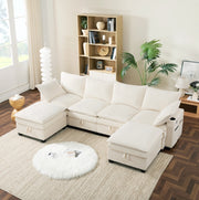 Divano modulare componibile L/U con USB; contenitore e portabicchieri; corduroy beige 280x151x82 cm