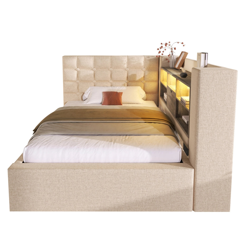 OKWISH Letto Singolo con Contenitore 90×200 cm, con LED Regolabile, USB e Tipo C, Testiera a L Reversibile, Materasso Incluso, Lino Beige