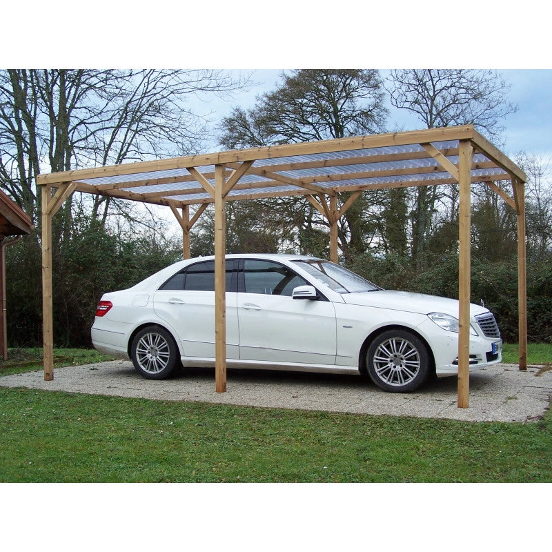 Pergola da giardino in legno termo-trattato 302x500 cm – carport tettoia auto con tetto PVC trasparente – pali 70x80 mm – TH3051S2 Foresta