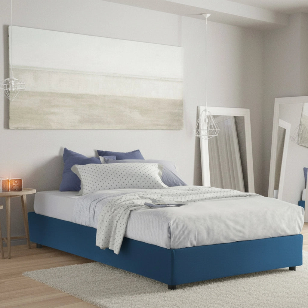Letto matrimoniale Arvic, Letto contenitore con rivestimento in tessuto, Made in Italy, Apertura frontale, adatto per materasso cm 140x200, Blu