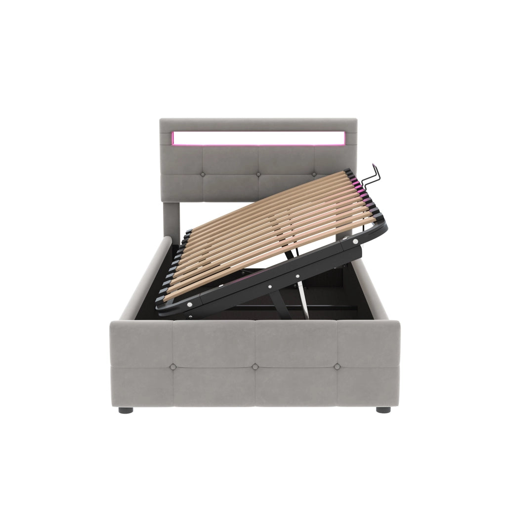 Letto imbottito 90x200 cm con LED e contenitore; velluto grigio (Senza materasso)