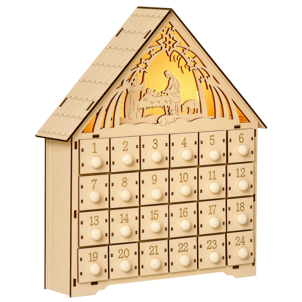 Calendario dell'Avvento in Legno con 24 Cassetti Decorazione Natalizia Presepe Intagliato Luci LED - Minimal - 26.6x6x30cm