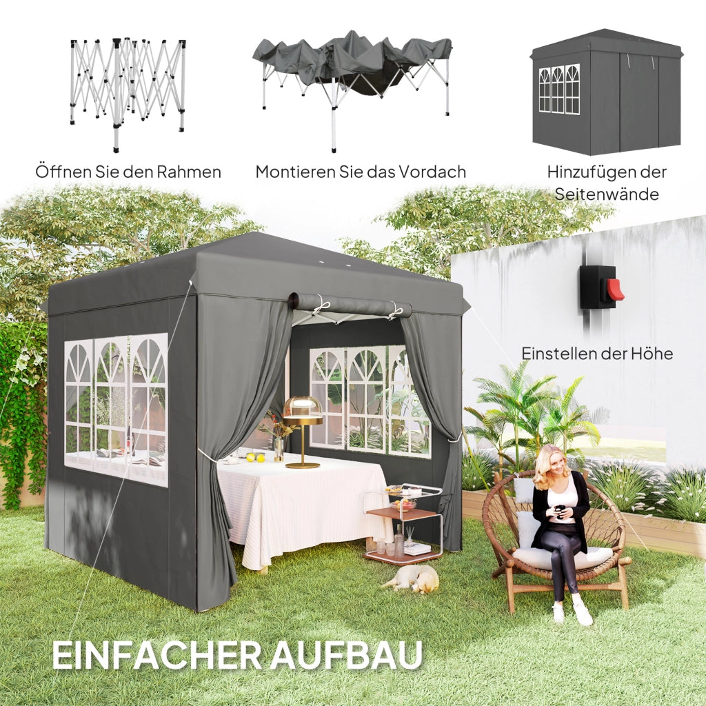 Gazebo da giardino pop-up in poliestere con pareti laterali e altezza regolabile grigio scuro