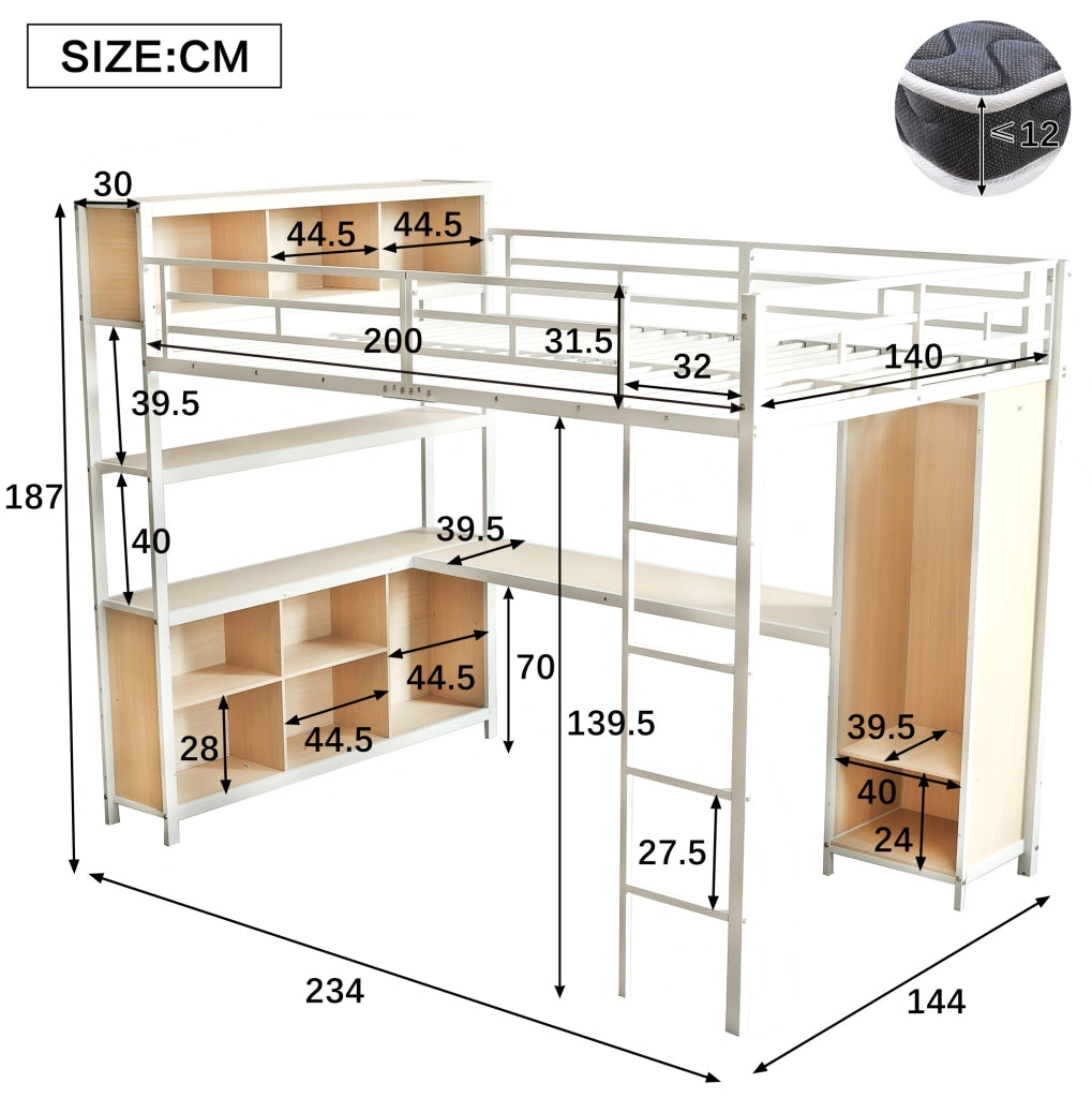 Letto a soppalco in metallo con scrivania, armadio e spazio contenitivo 140x200 cm