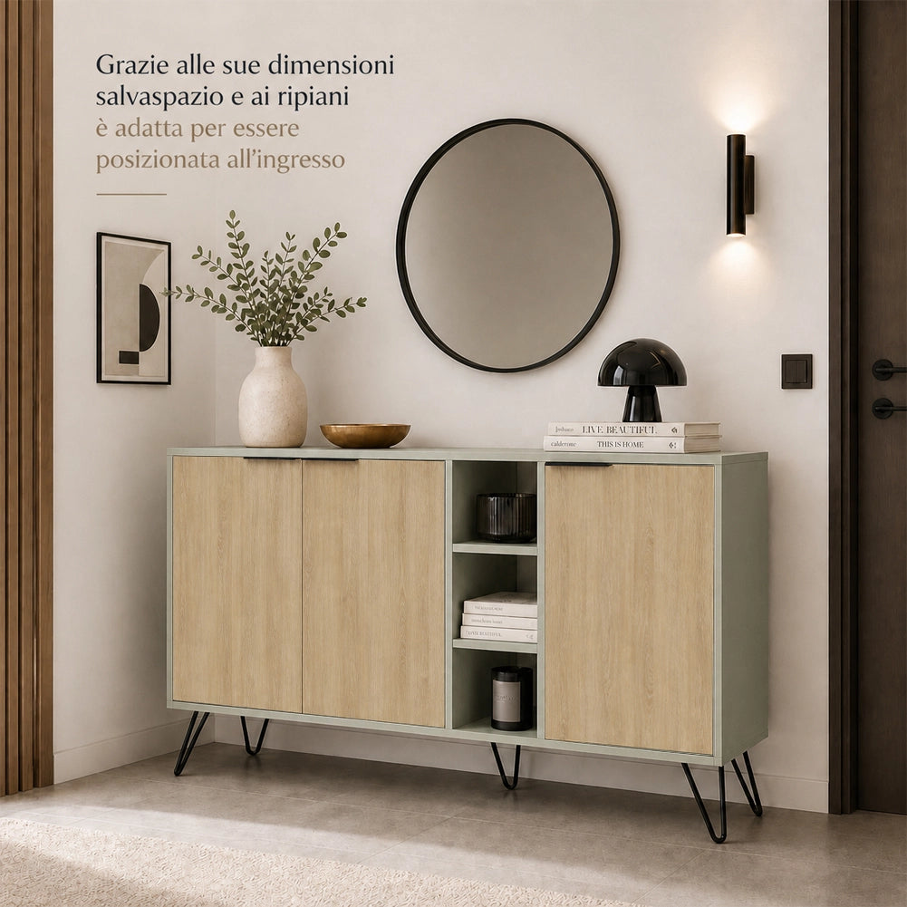 Madia Moderna Credenza con 3 Ante e Vani a Giorno 142x83 cm Quercia e Verde
