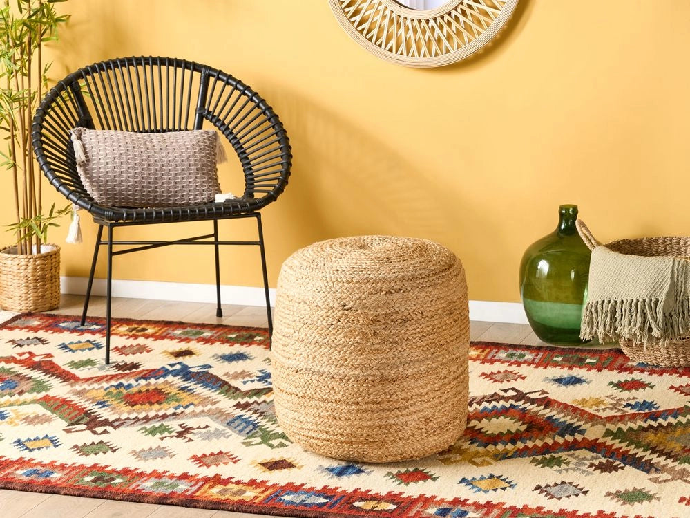 Pouf ottomana iuta beige perline EPS riempimento rotondo ø 46 cm stile boho