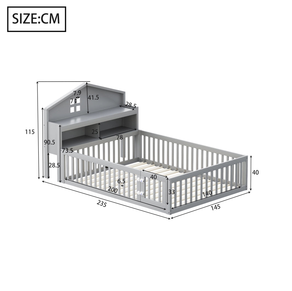 Letto per bambini a casetta 140x200 cm grigio con lavagna