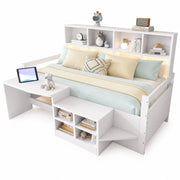 Letto combinato 90×200 cm; letto singolo con scrivania; vani contenitori; LED e prese USB; senza materasso; bianco