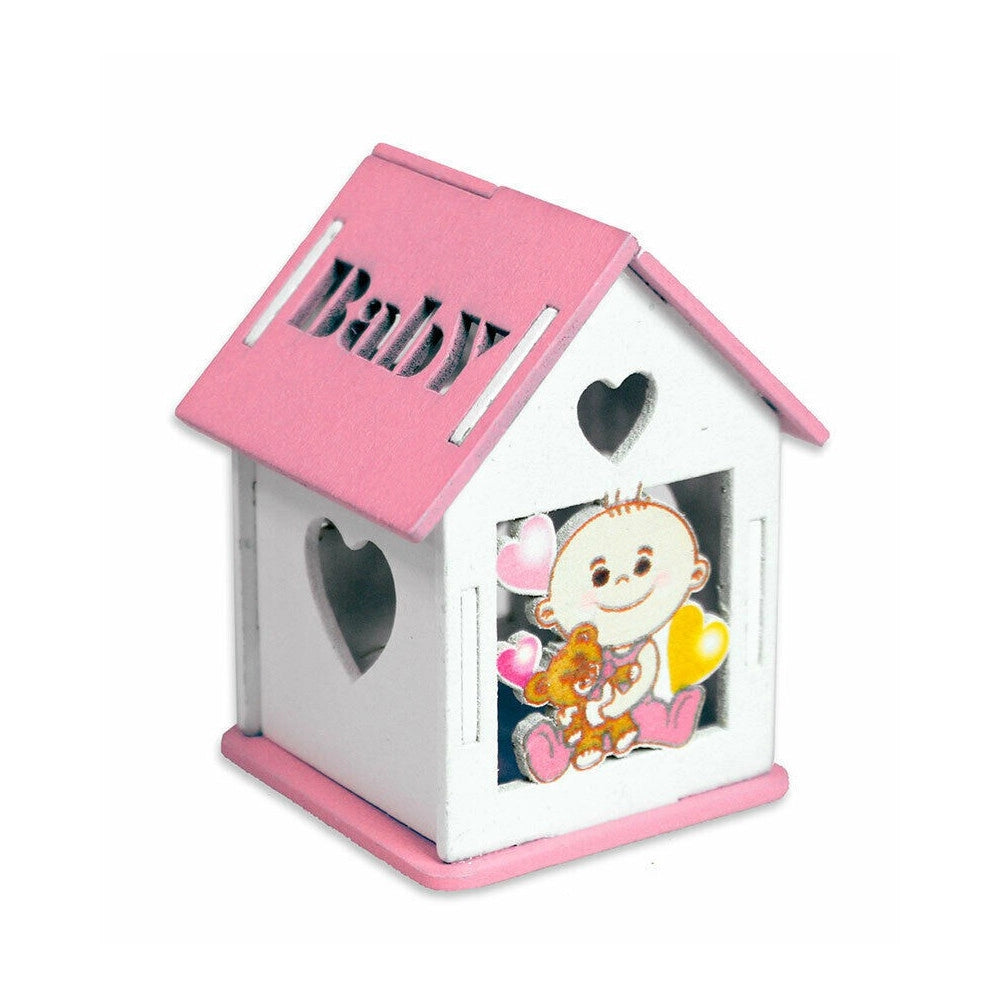 Trade Shop - Bomboniera In Legno Casetta Con Tetto Apribile Per Nascita Battesimo Bimba Rosa -