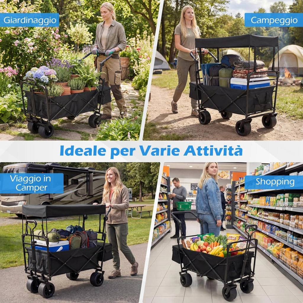 Carrello Pieghevole con Tetto, Carrello Trasportabile con Maniglia Regolabile, Borsa Portaoggetti e Ruote Grandi, Carrello da Giardino Capacità 100L, per Campeggio e Animali Domestici (Nero)