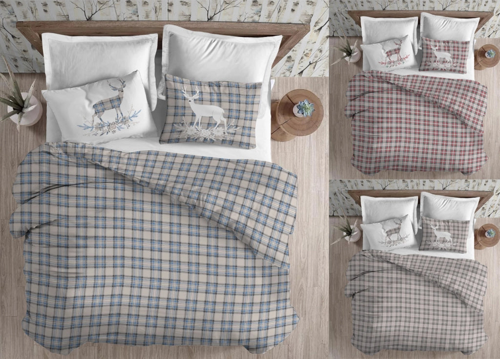 Copripiumino Sacco Piumone Cotone Flanella Pensieri Delicati Dis. Tartan Cervo - Matrimoniale - Beige
