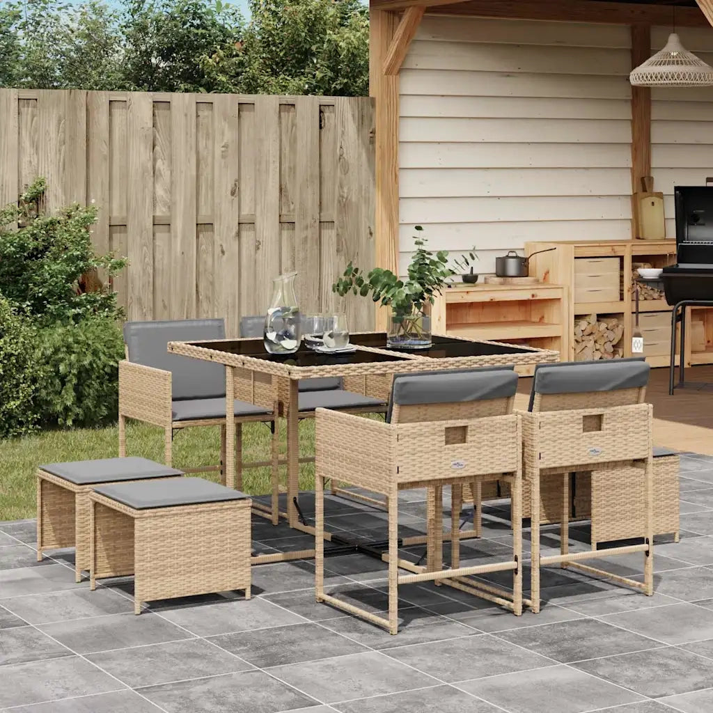 Set Pranzo da Giardino 9 pz | Set Salotto da Giardino con Cuscini Beige Misto Polyrattan