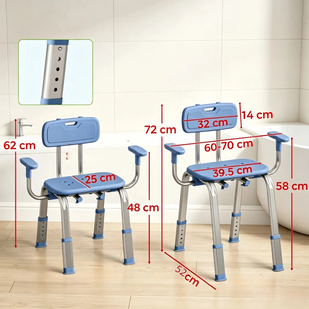 Sedia da Doccia Regolabile in Altezza con Braccioli 60-70 x 52 x 62-72 cm Blu e Argento - per Bagno
