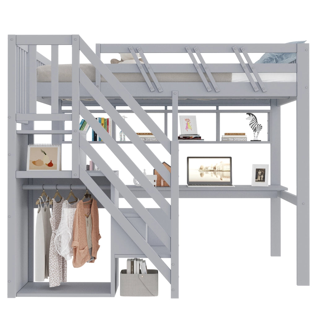Letto a soppalco 140x200 cm con scala contenitore; scrivania; USB e LED; legno massello grigio